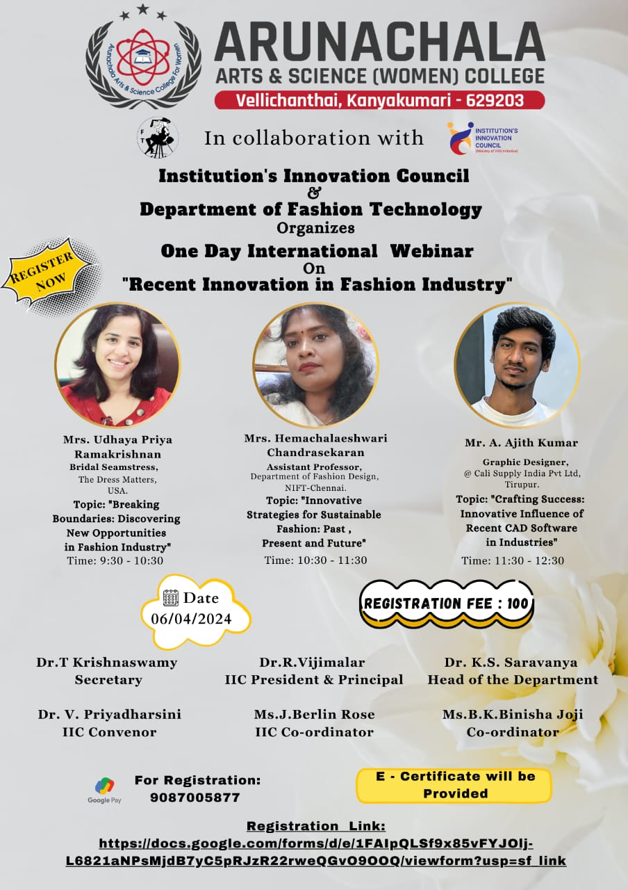 Department of Fashion Technology in collaboration with Institution's Innovation Council organizes One Day International Webinar on 